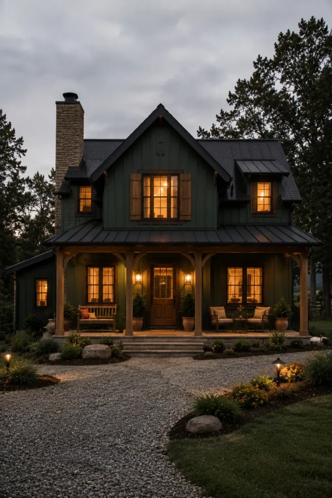 Rustic Exterior Home Design With Dark Green Siding
