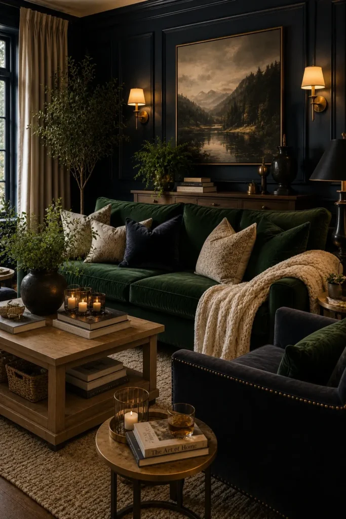 Moody Navy Paneling with Forest Green Decor