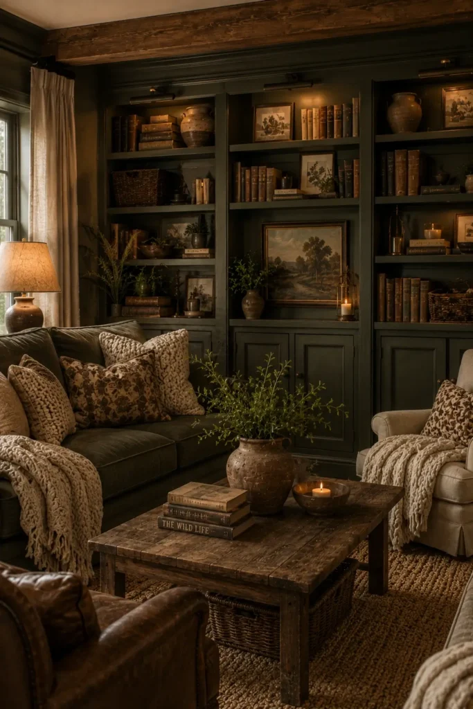 Rustic Sage Green Living Room With Leather Upholstery