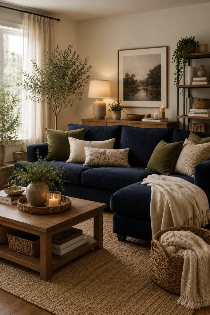 Soft Navy Sofas with Olive Green Accents