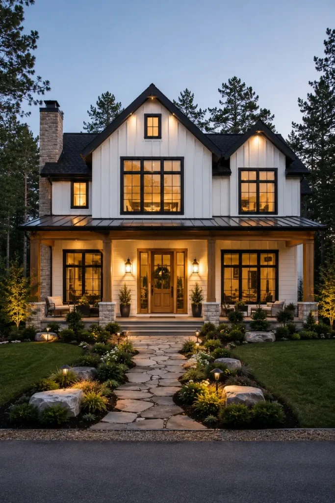 Black Windows on a Modern Farmhouse Exterior