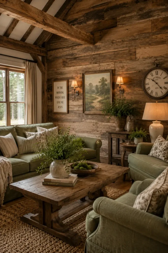 Rustic Sage Green Living Room With Exposed Wood Texture