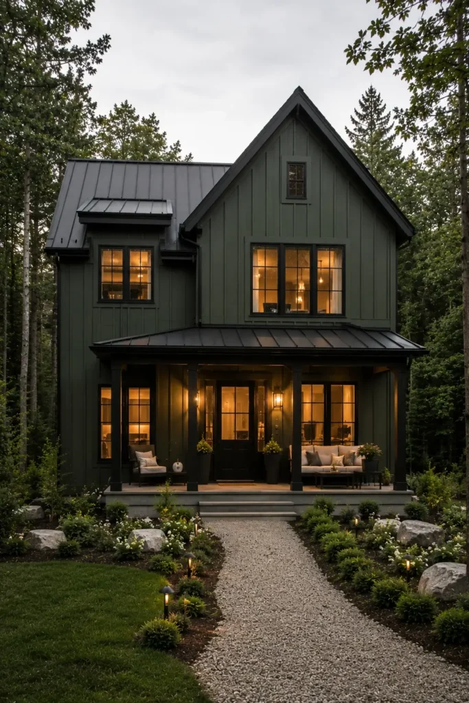 Board and Batten Green Siding With Black Trim