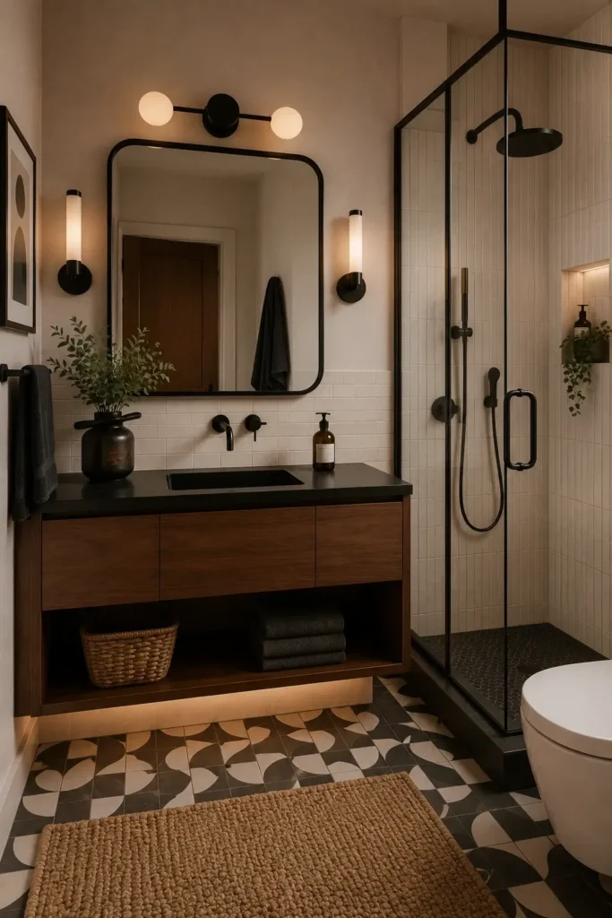 Black and Wood Mid Century Bathrooms
