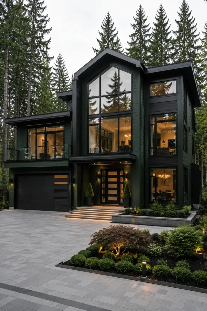 Deep Emerald Green House With Black Window Trim