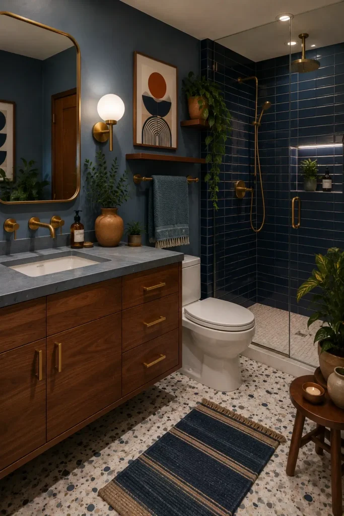 Blue and Wood Retro Bathrooms
