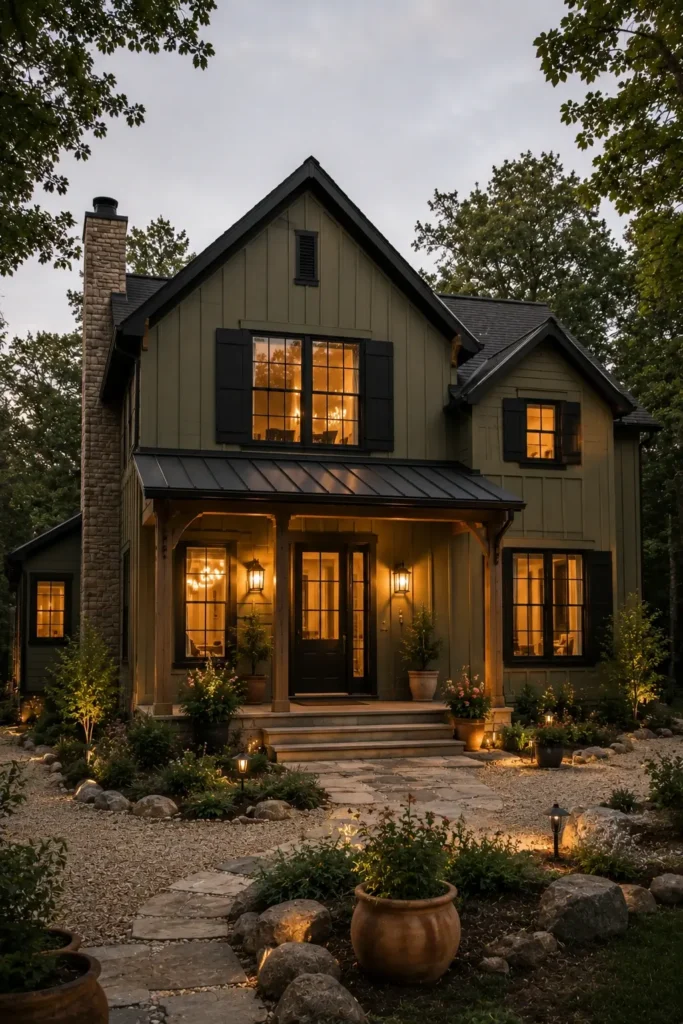 Olive Green House Exterior With Black Accents