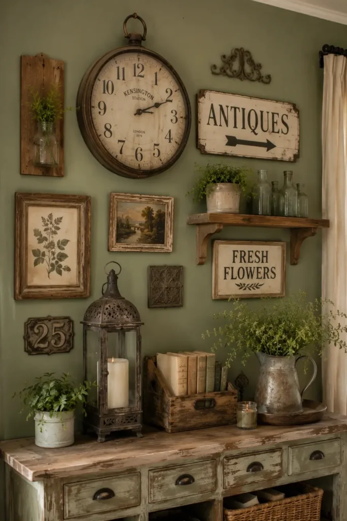 Sage Green Wall Styling With Antique Rustic Accents