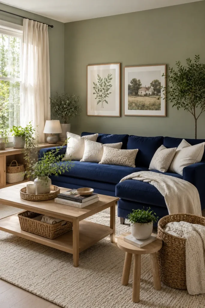 Navy Blue and Sage Green Living Room Ideas for a Softer Look