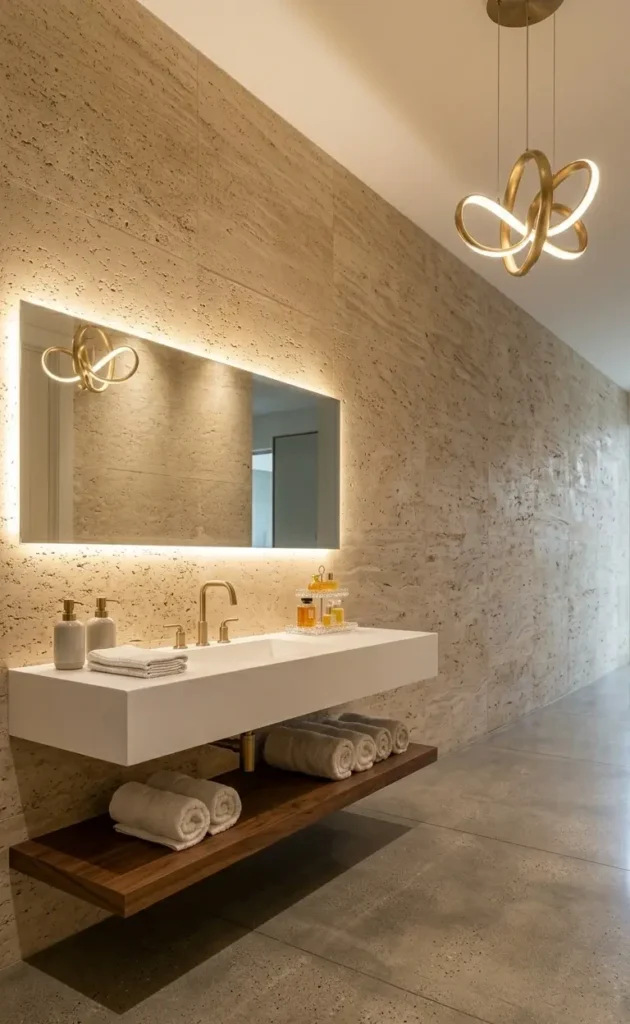 Beige textured walls with white floating sink