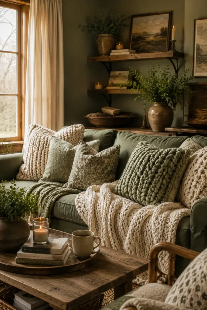 Cozy Sage Green Living Room Idea With Chunky Knit Pillows