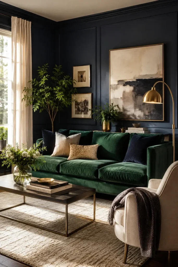 Bold Navy Accent Walls with Emerald Velvet Sofas