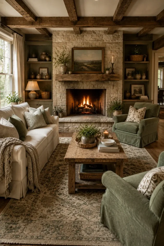 Rustic Sage Green Living Room With Stone Fireplace Features