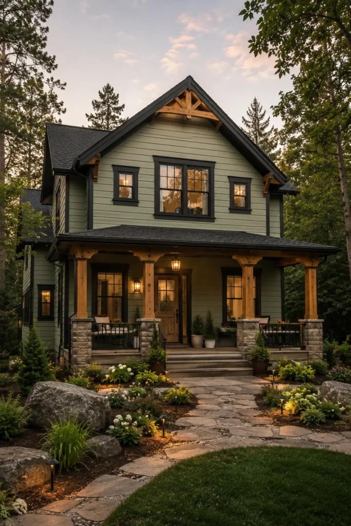Sage Green House With Black Trim and Natural Wood