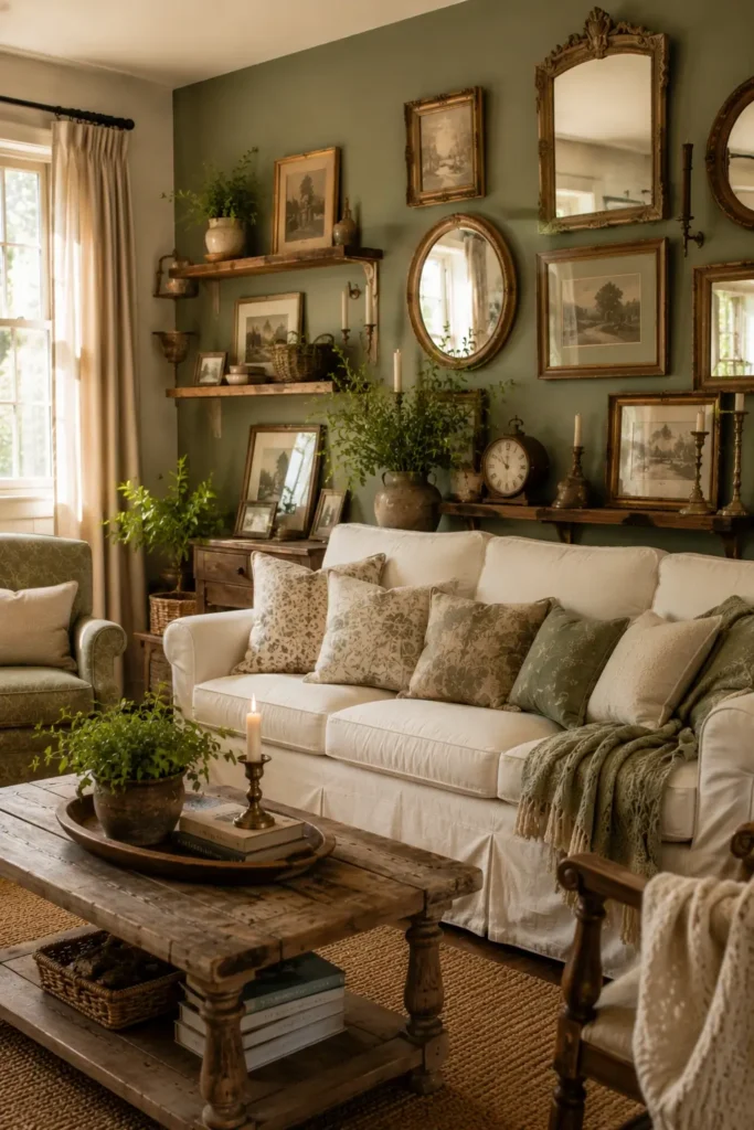 Sage Green Accent Wall With Vintage Rustic Decor