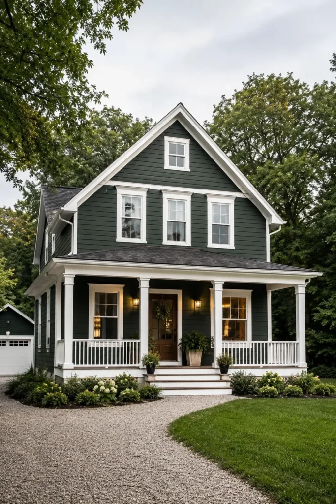 Dark Green and Crisp White Trim for Contrast