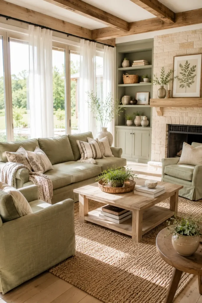 Airy Rustic Sage Green Living Room With Linen Upholstery