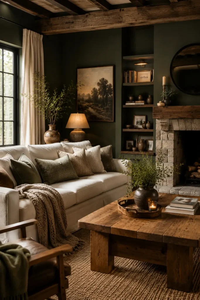 Rustic Living Room With Dark Sage Green Walls