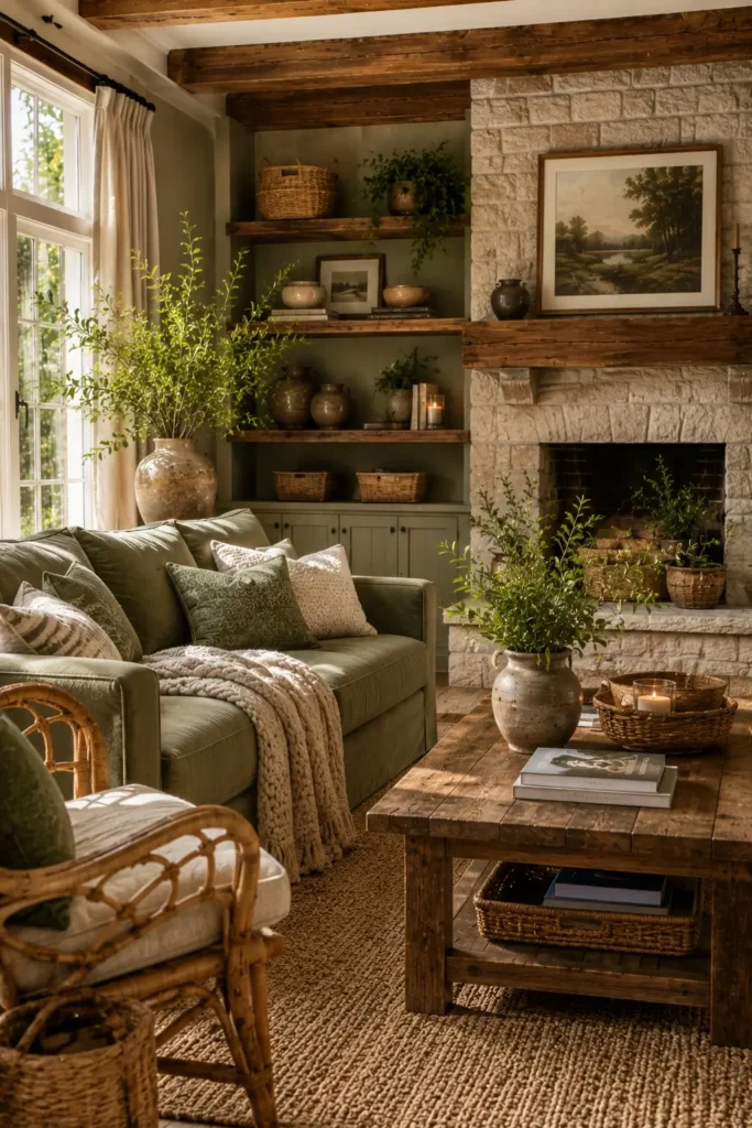 Earthy Sage Green Decor With Woven Natural Accents