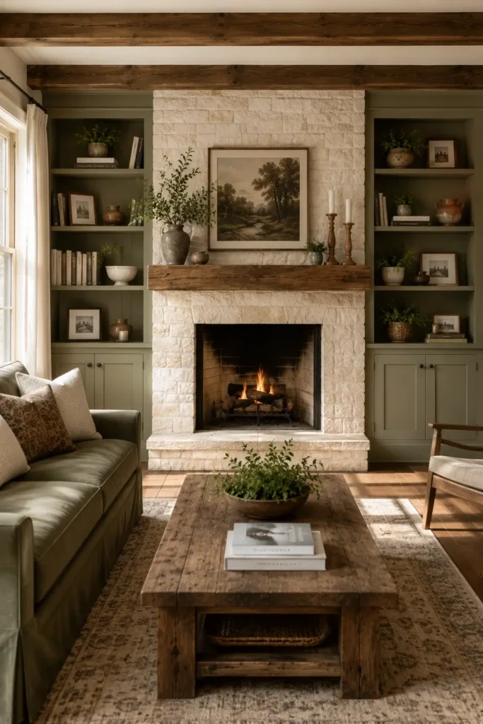 Rustic Sage Green Built-Ins Around a Fireplace