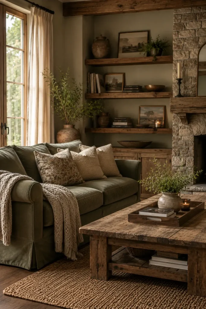 Sage Green Upholstery Paired With Reclaimed Wood Furniture