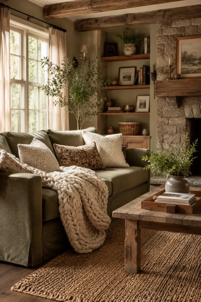 Cozy Sage Green Living Room With Layered Texture