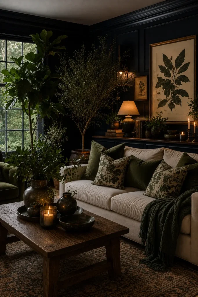 Dark Navy Walls with Green Botanical Decor