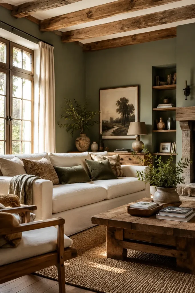 Rustic Sage Green Accent Wall With Natural Wood Beams