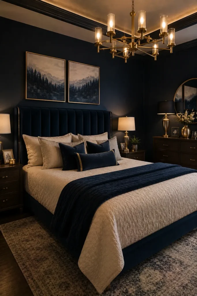 Blue Velvet Headboard With Dark Walls