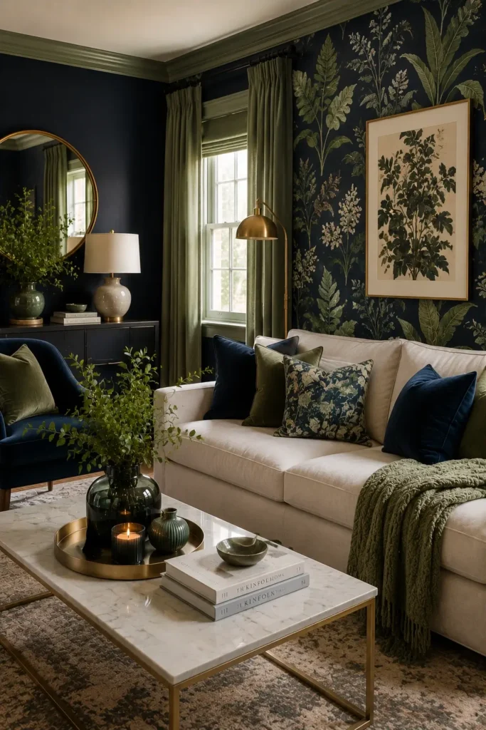 Statement Wallpaper in Blue and Green Living Rooms