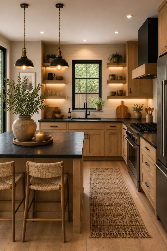 Black Countertops With Light Wood Cabinets
