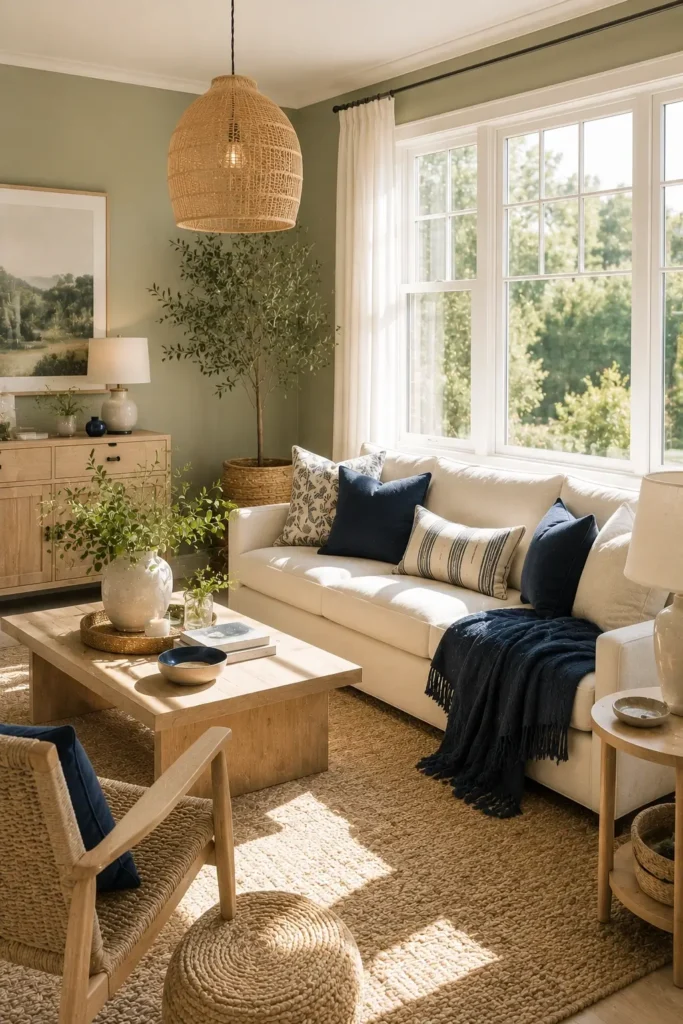 Bright and Airy Sage Green with Navy Decor