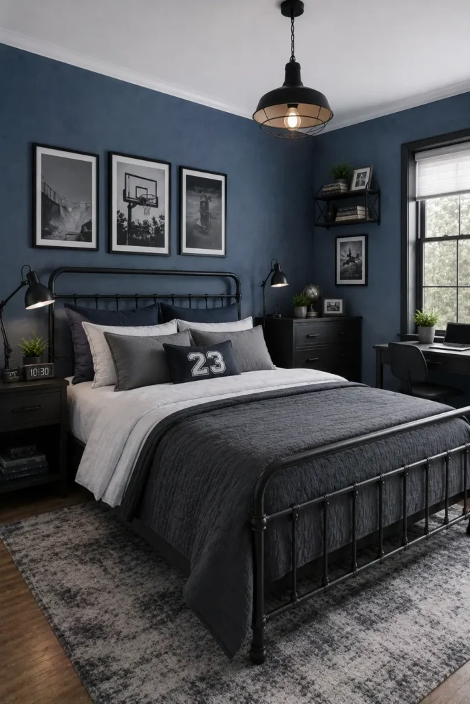 Denim Blue Bedroom With Black Accents