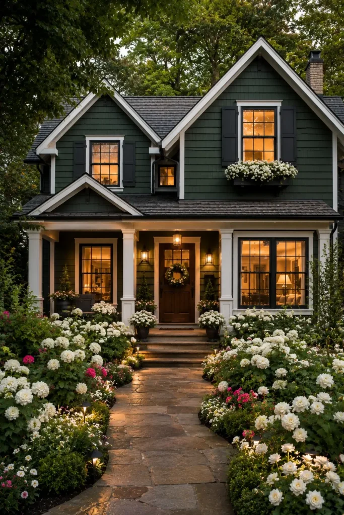 White Flowers Against Dark Green Siding