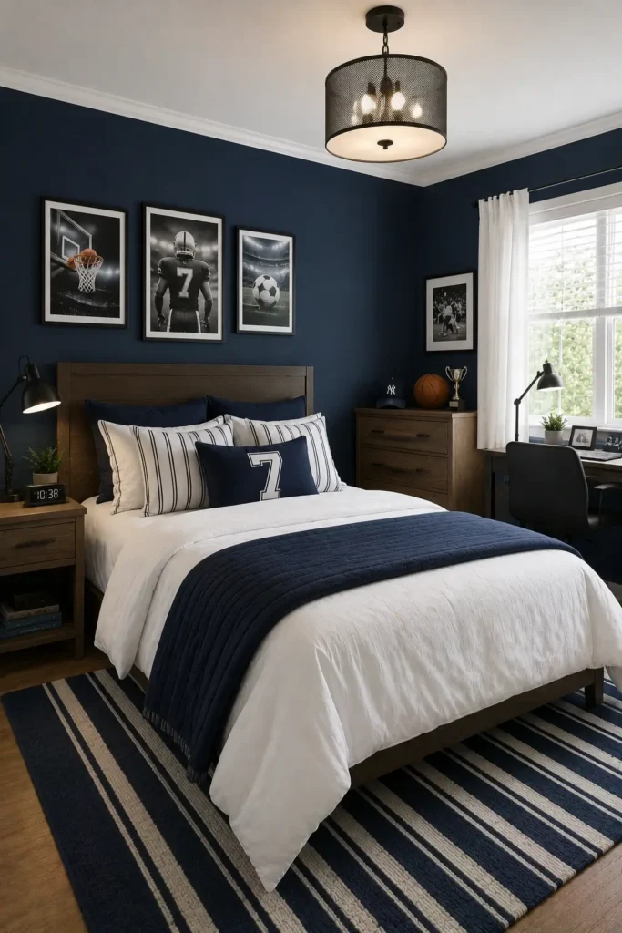Navy and White Sports-Inspired Bedroom
