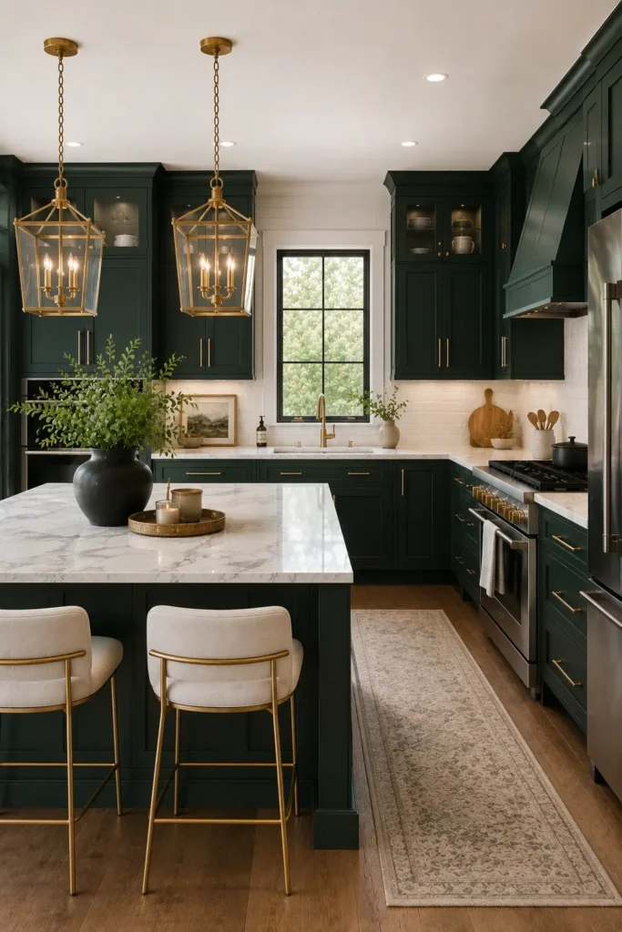 Dark Forest Green Cabinets With Gold Accents