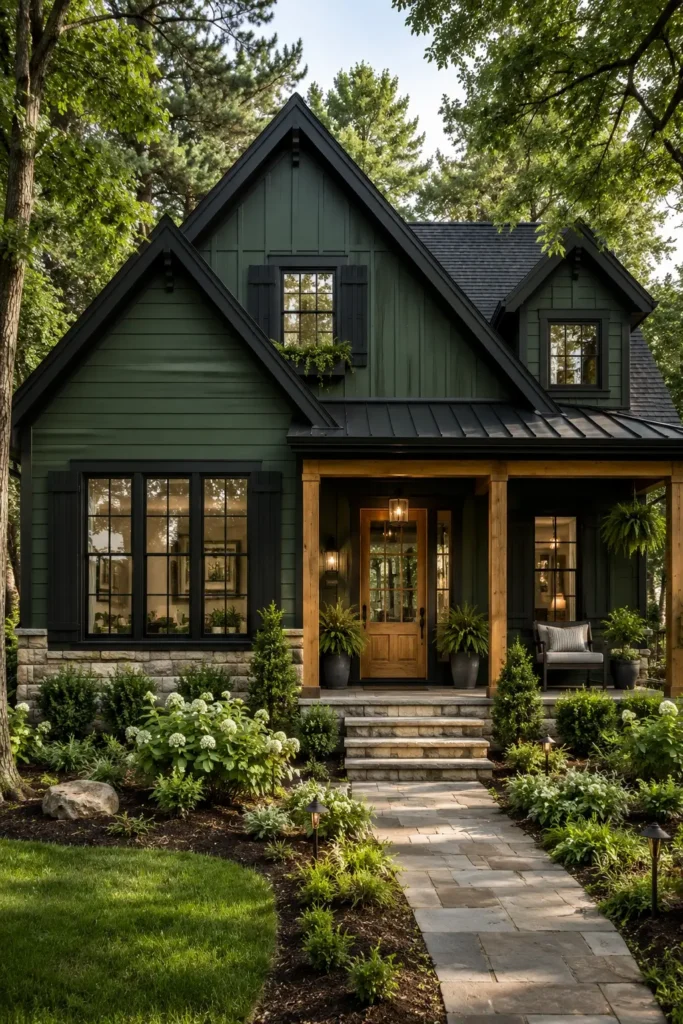 dark green house with black trim