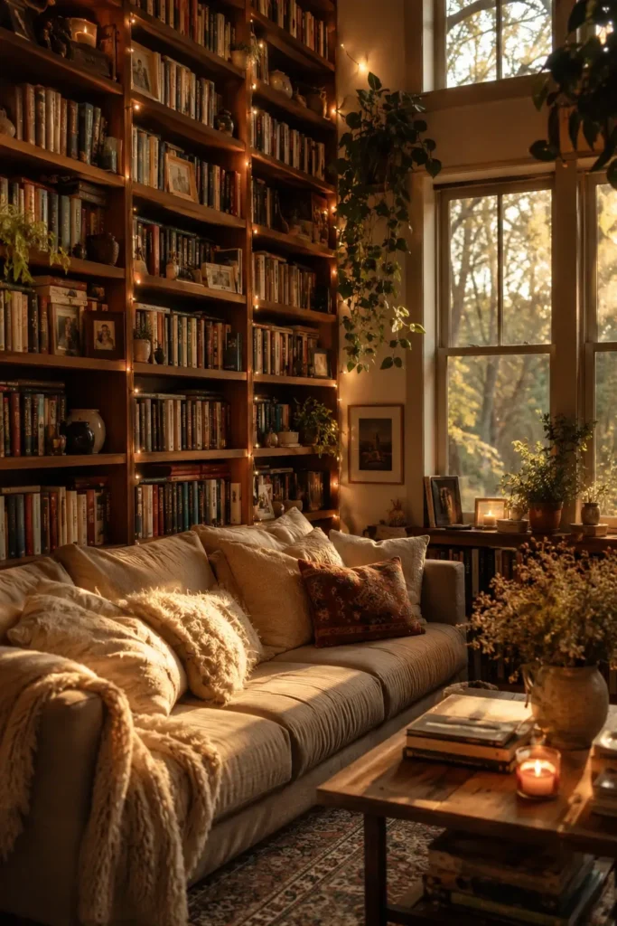 Ultra Cozy Home Library Ideas With Warm Fairy Lights