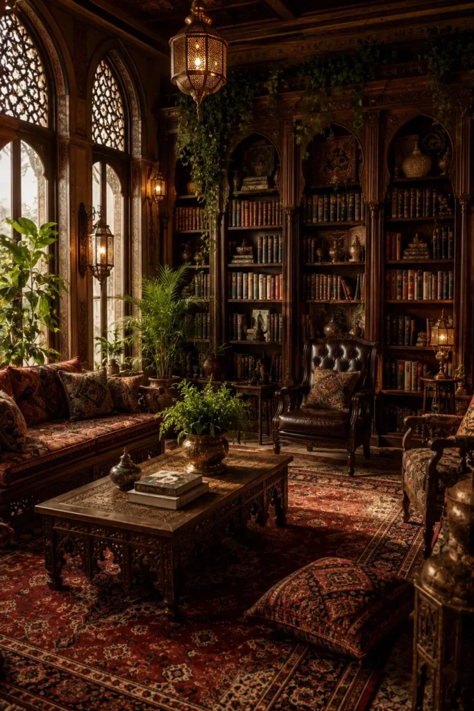 Cinematic Home Library Interiors With Warm Ambient Lighting