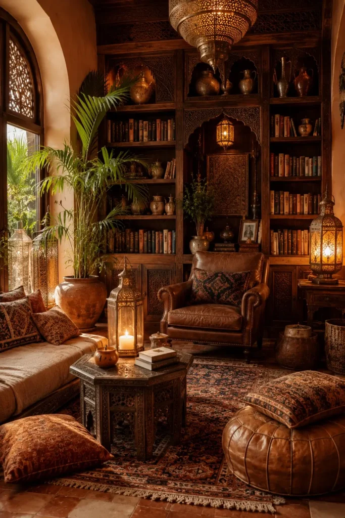 Moroccan Home Library Decor Ideas With Lantern Lighting
