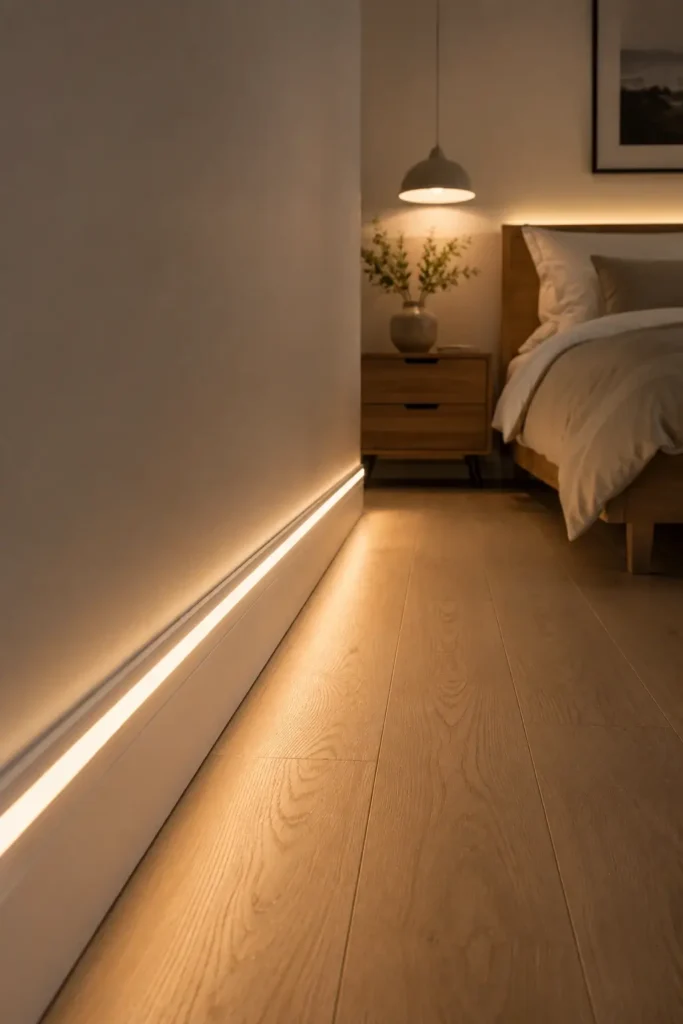 Warm LED Light Baseboards for a Cozy Bedroom
