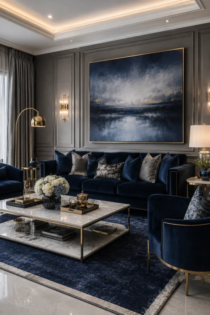 Luxurious Blue and Grey Living Room