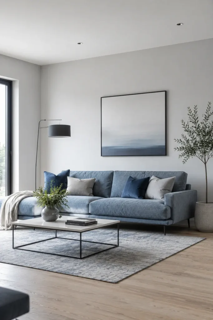 Minimalist Blue and Grey Living Room