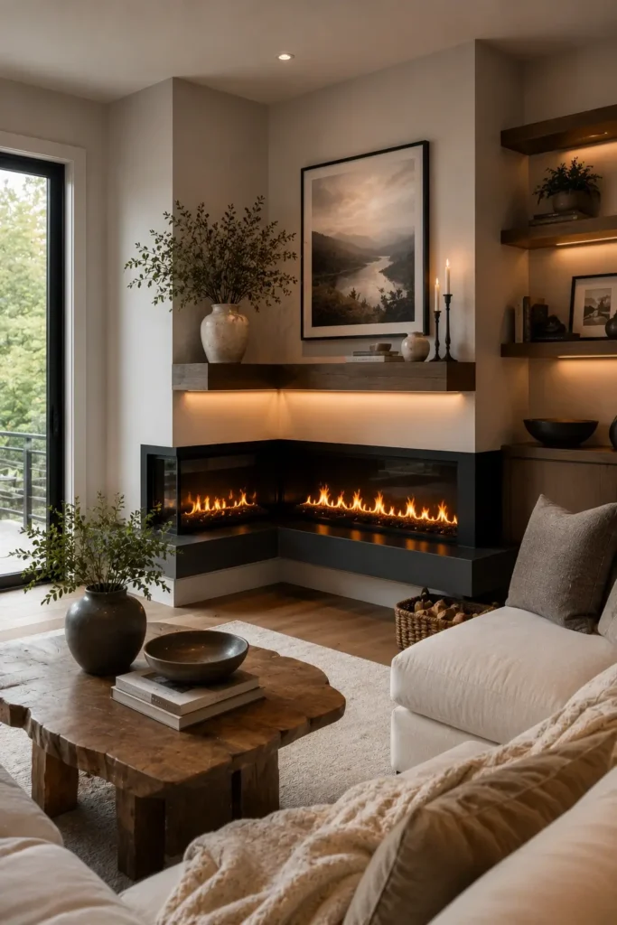 Decorative Log Display Beside the Fireplace