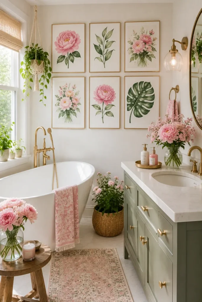 Pink Green Floral Artwork for a Spring Bathroom
