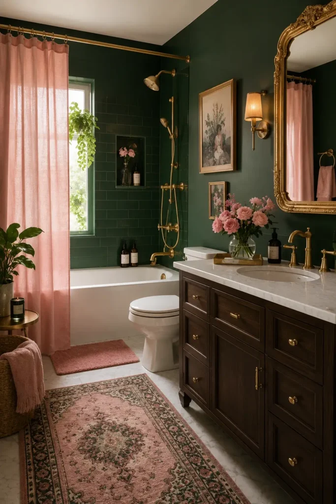 Hunter Green and Light Pink Bathroom Design
