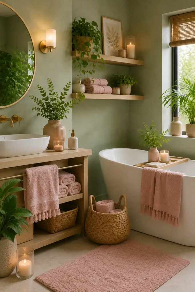 Spa-Inspired Pink and Green Bathroom Decor