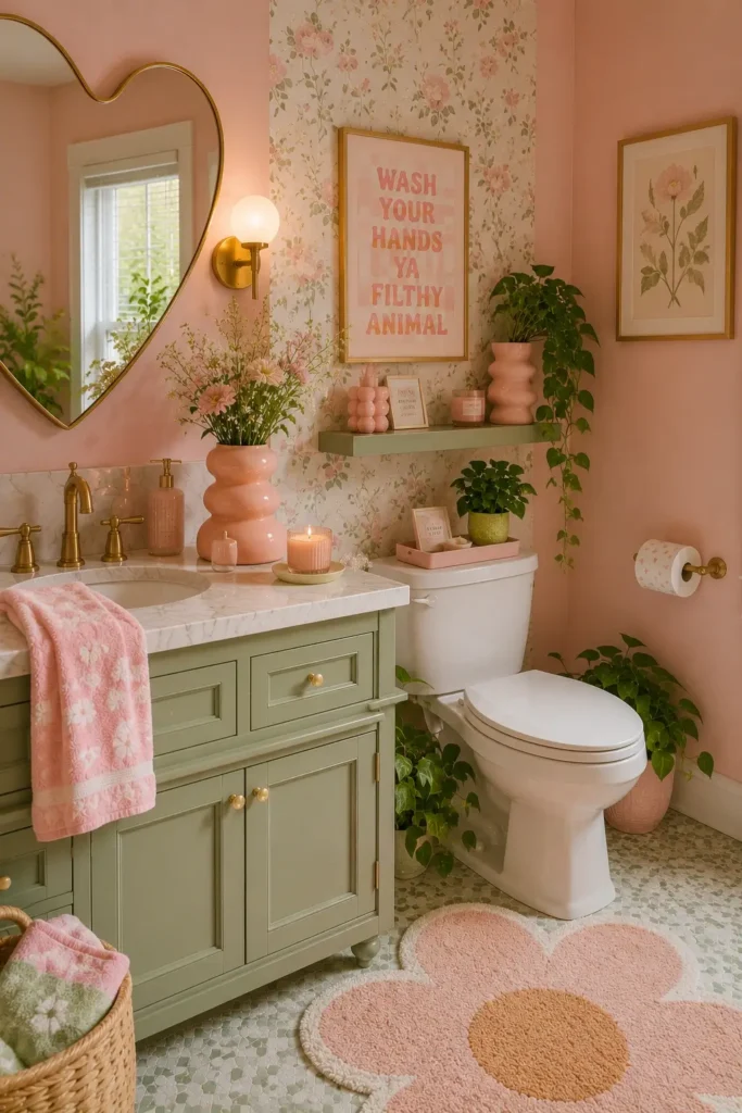Cute and Girly Pink Green Bathroom Decor