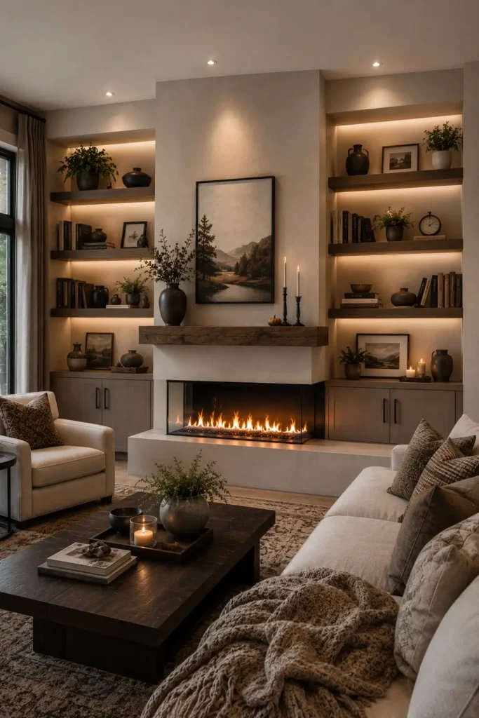 Built-In Shelves Around an L-Shaped Fireplace