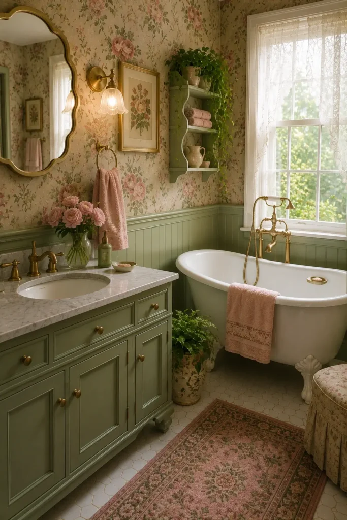 Vintage Pink and Green Bathroom Decor